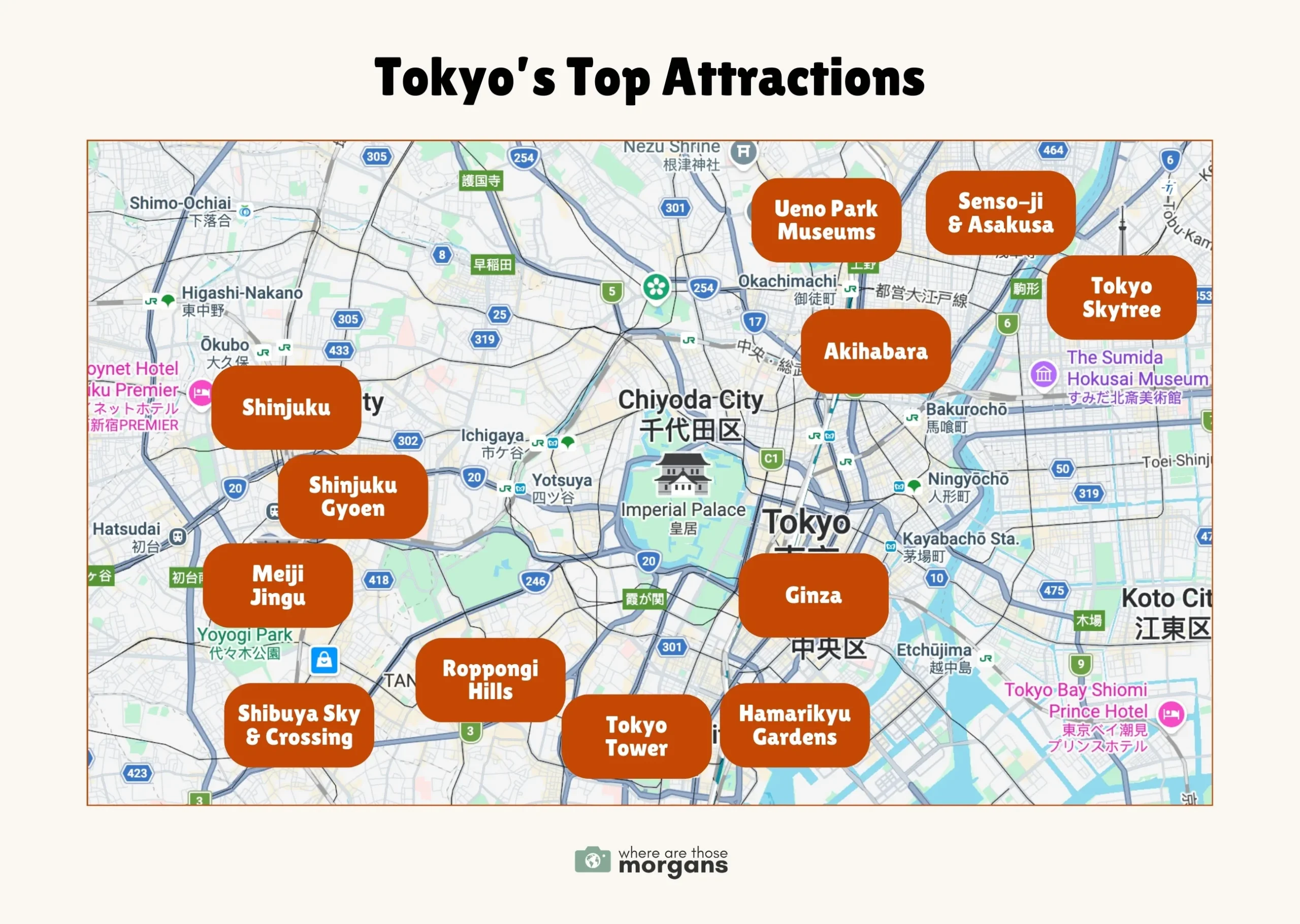 Map of Tokyo with orange color blocks and white text showing the locations of top attractions and neighborhoods to visit on a first trip
