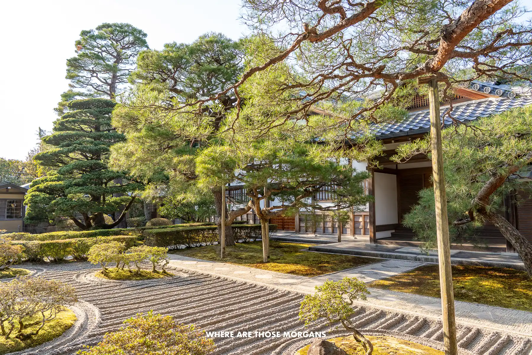Manicured sand garden and trees at the Silver Pavilion in Kyoto with soft light