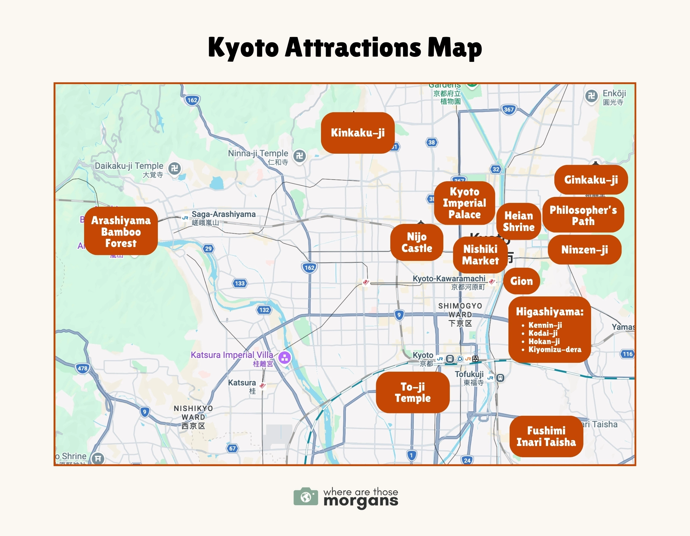 Screenshot of a Kyoto map with orange color blocks and white text showing the locations of the top attractions around the city for first timers to visit, created by Where Are Those Morgans