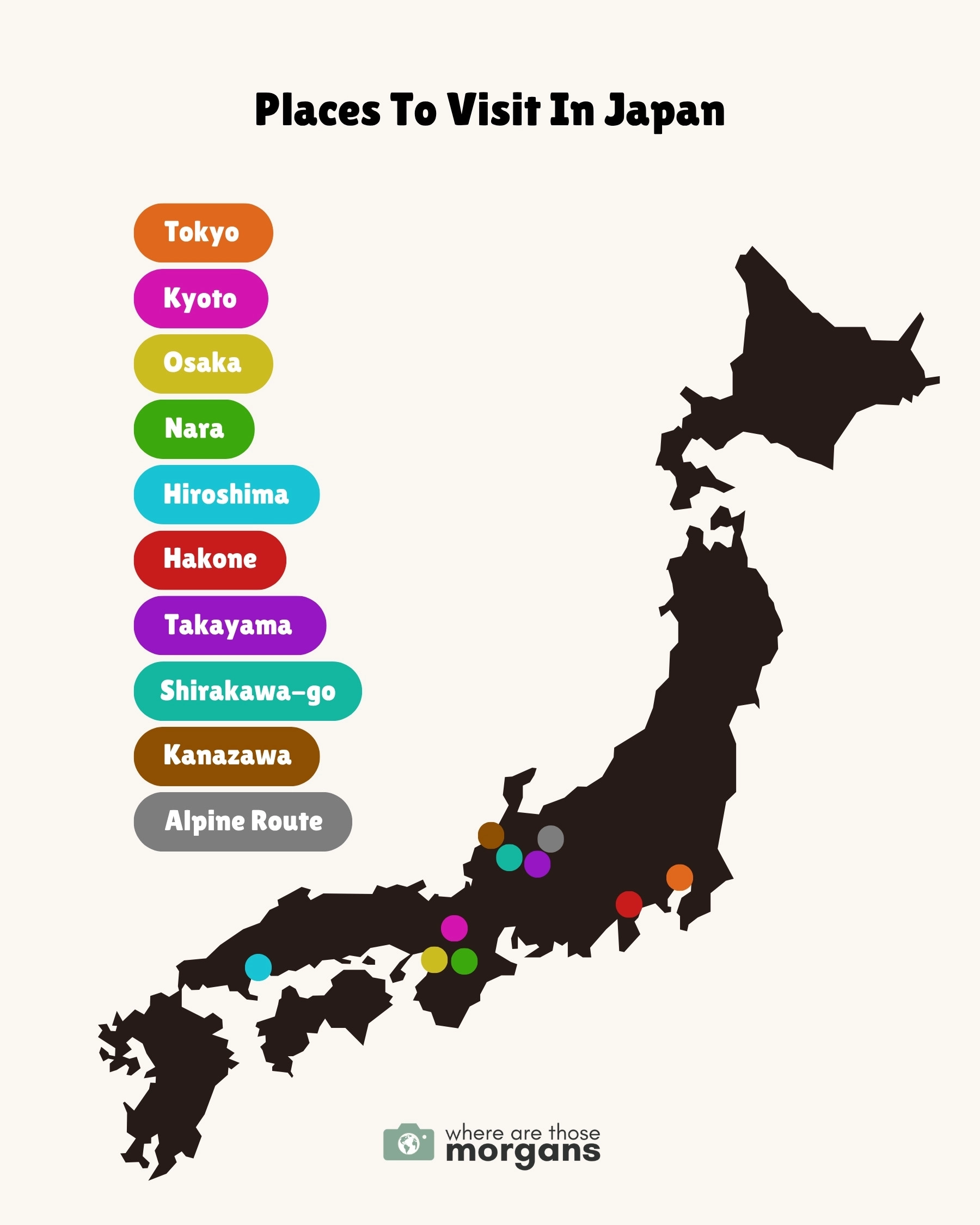 Map of Japan with colored dots showing the locations of 10 popular destinations to visit on a first trip along with place names in corresponding colors off the map as a key, created by Where Are Those Morgans