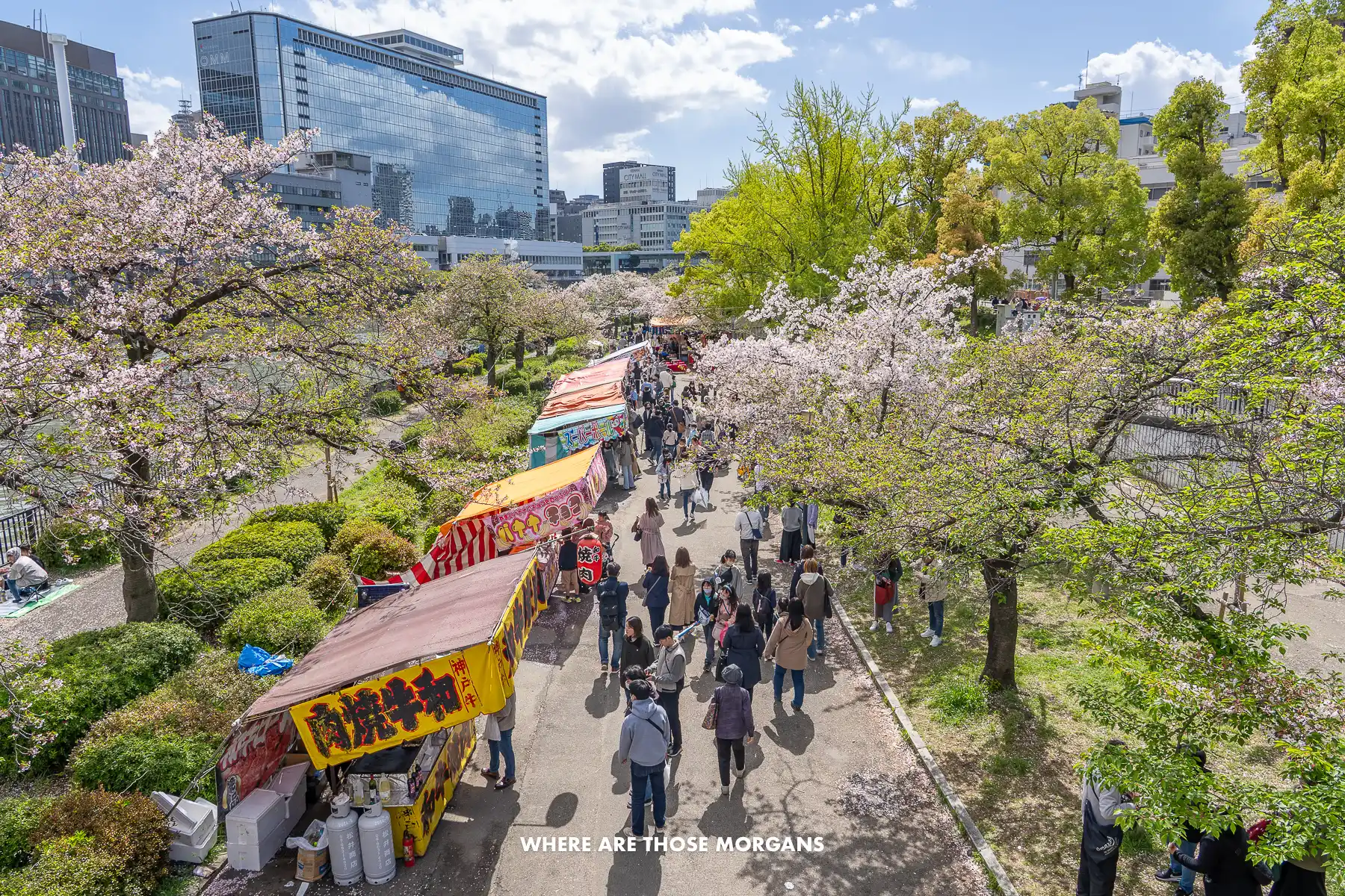 Riverside walkway with trees, people and food stalls on a sunny day in Japan