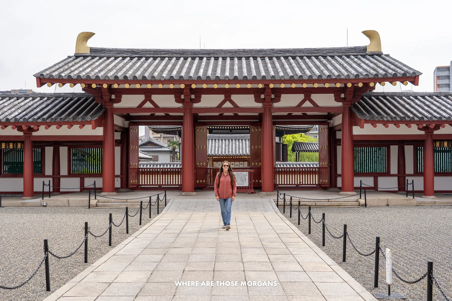 Kristen from Where Are Those Morgans walking through Shitennoji Temple grounds in Osaka