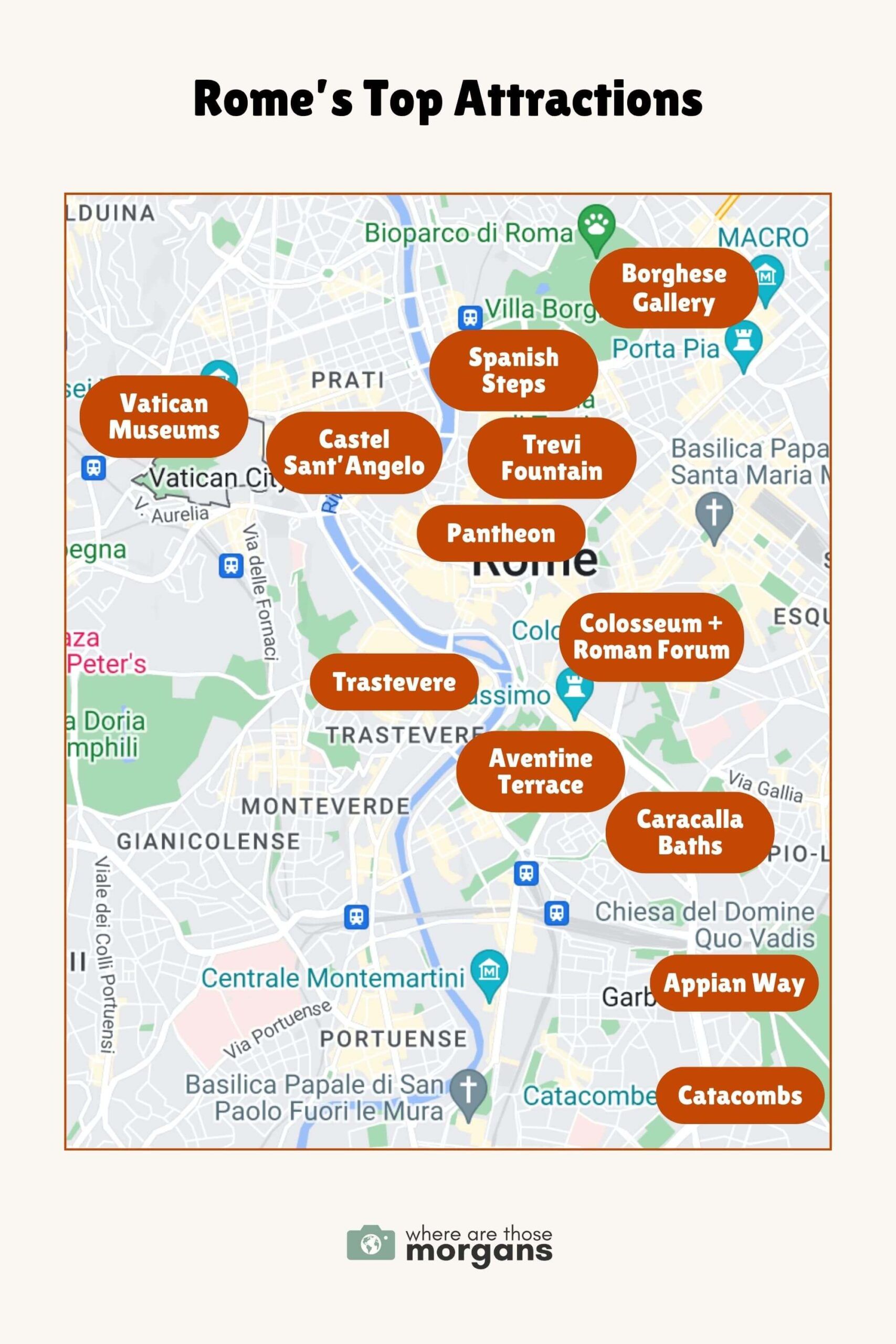 Map of Rome's top attractions created by Where Are Those Morgans