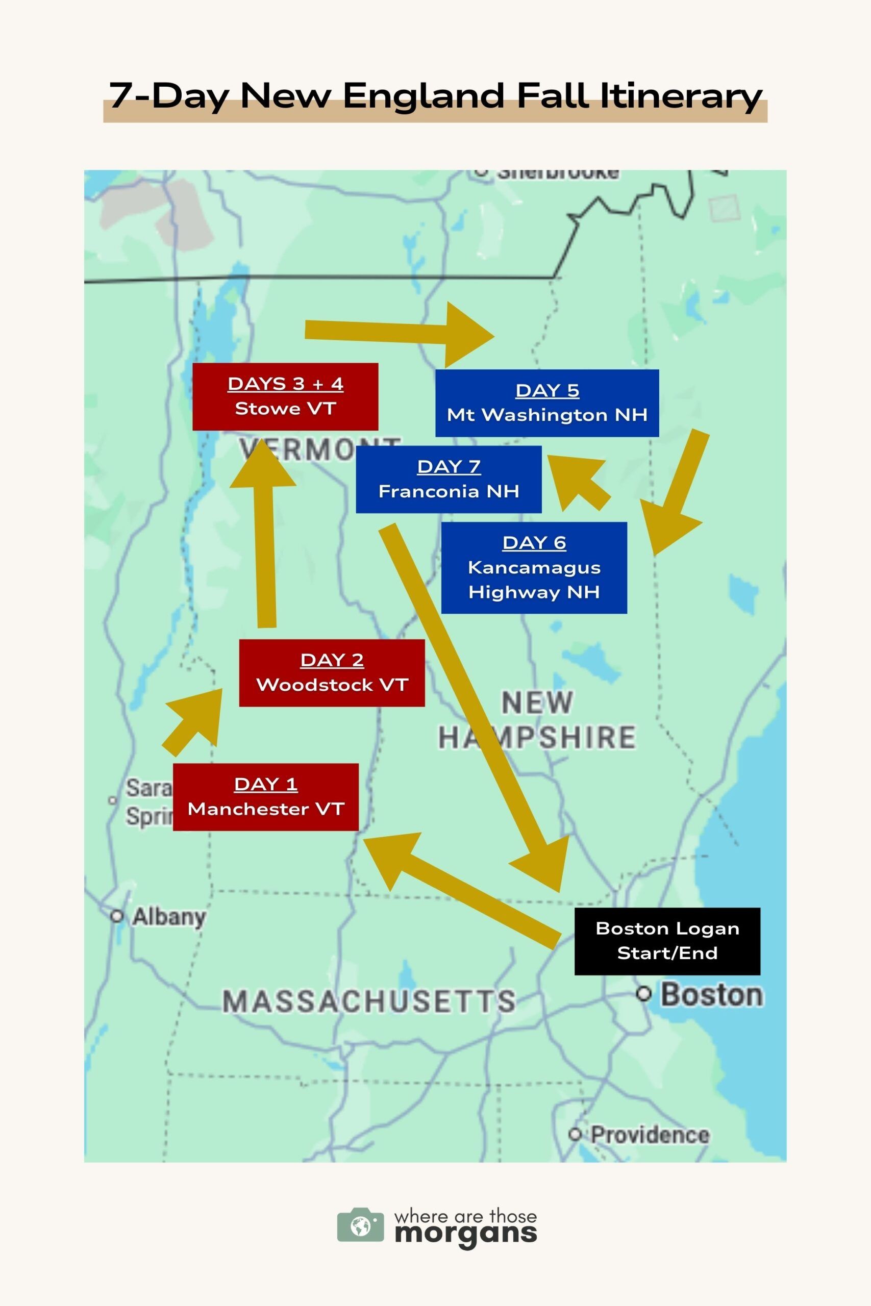 7-day fall foliage road trip itinerary map for New England starting and ending in Boston going through the popular spots in Vermont and New Hampshire
