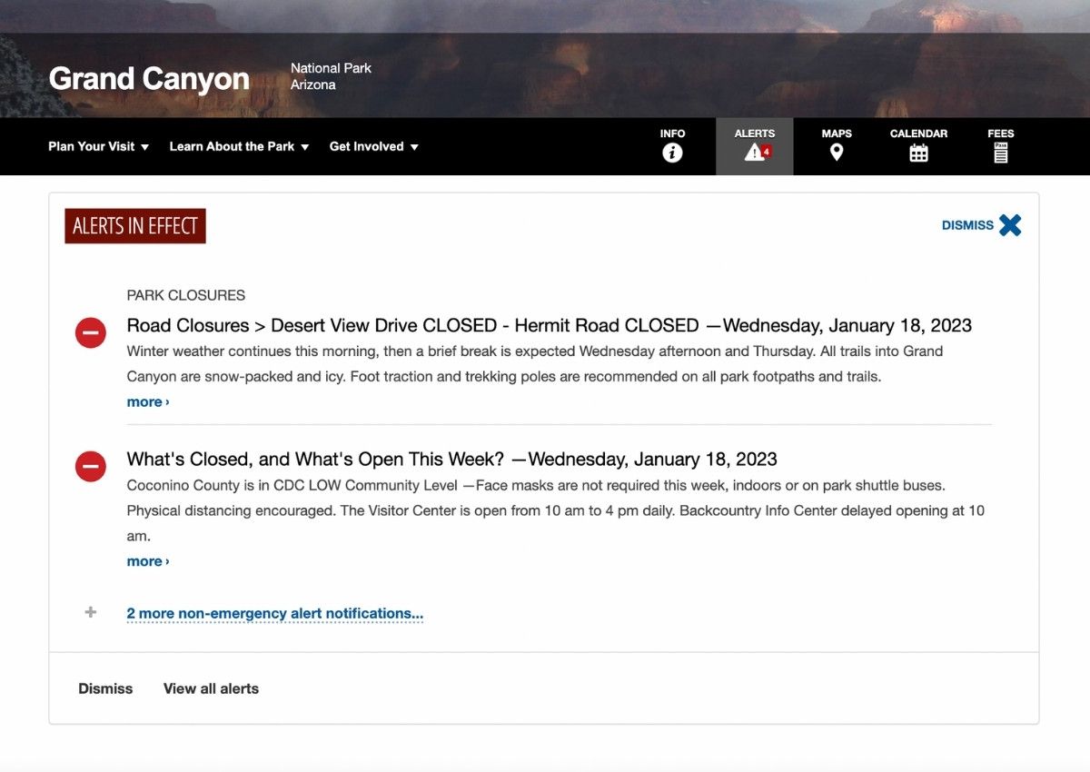 Screenshot of Grand Canyon road closures in winter due to adverse weather