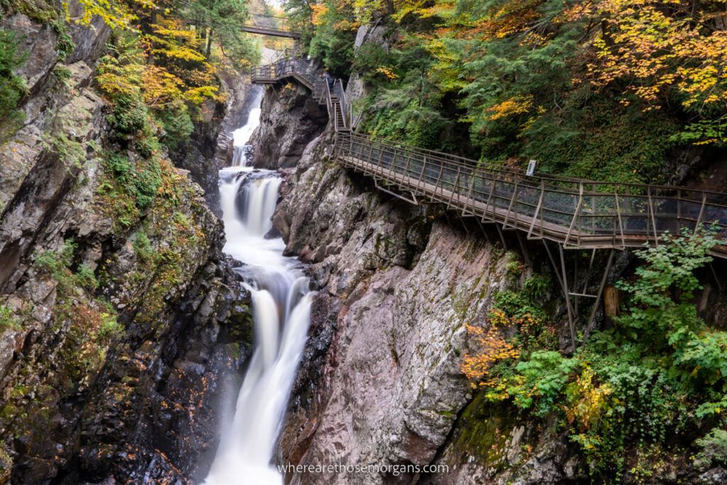 High Falls Gorge triple tiered narrow waterfall hiking trail near Lake Placid new york