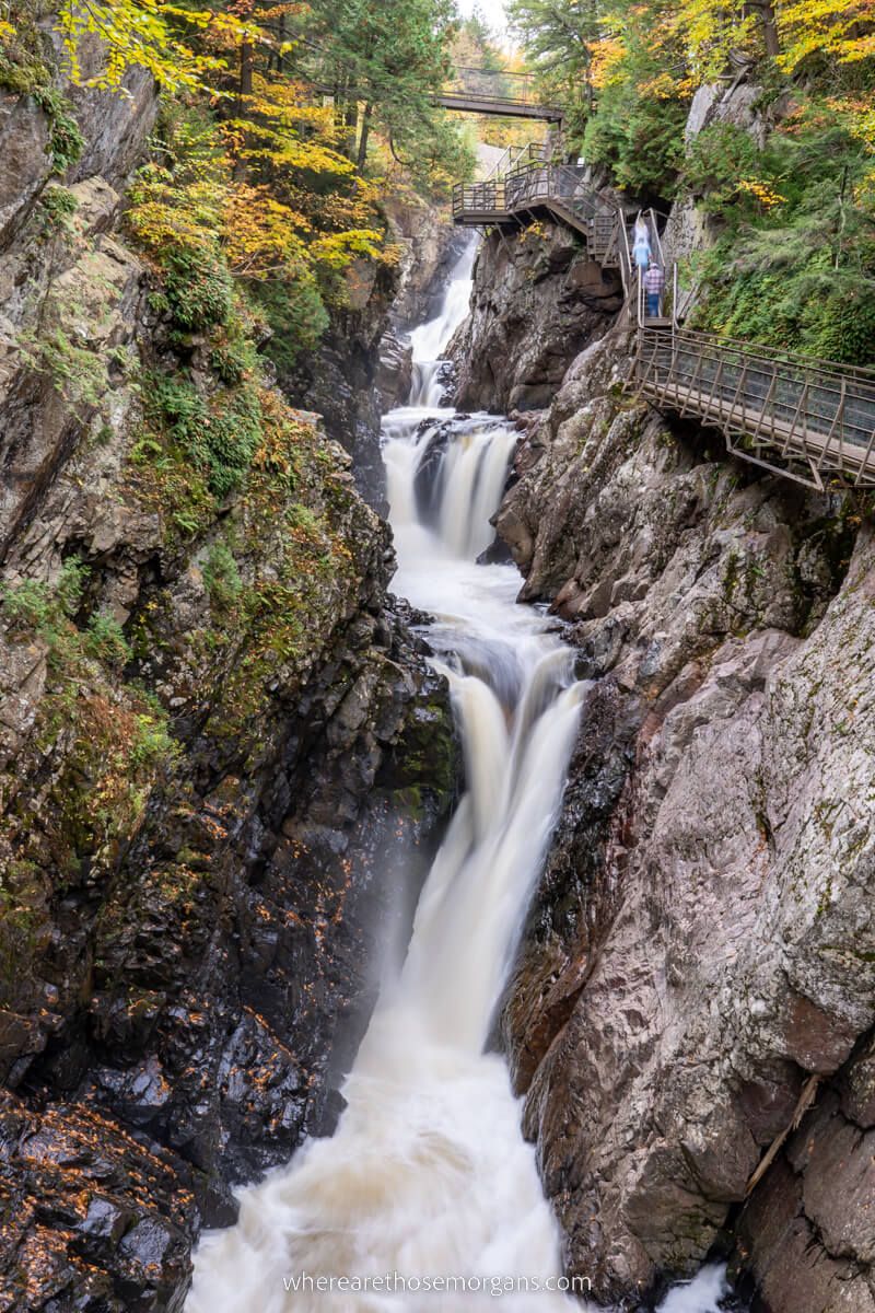 High Falls Gorge narrow waterfall with wooden boardwalk walkway