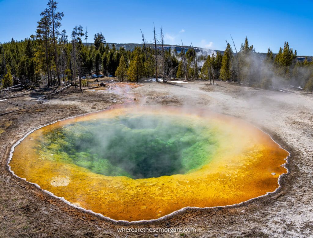 Vibrant yellow orange and green colors inside Morning Glory Pool