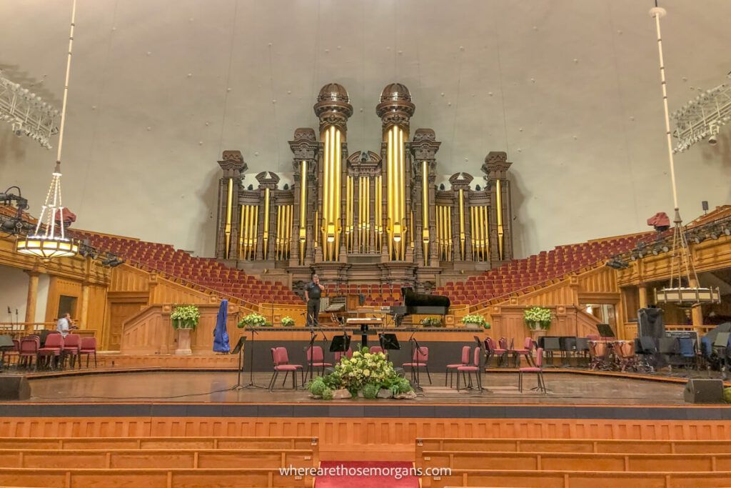 Inside the Salt Lake City Tabernacle looking at the organ and chairs