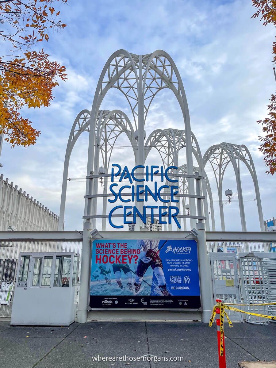 Entrance to the Pacific Science Center with bright fall foliage