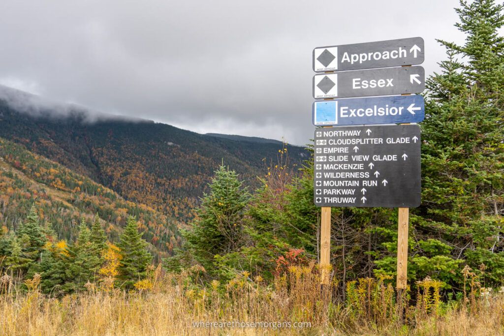 Ski run names on a sign in fall just before snowfall in adirondacks whiteface mountain ny