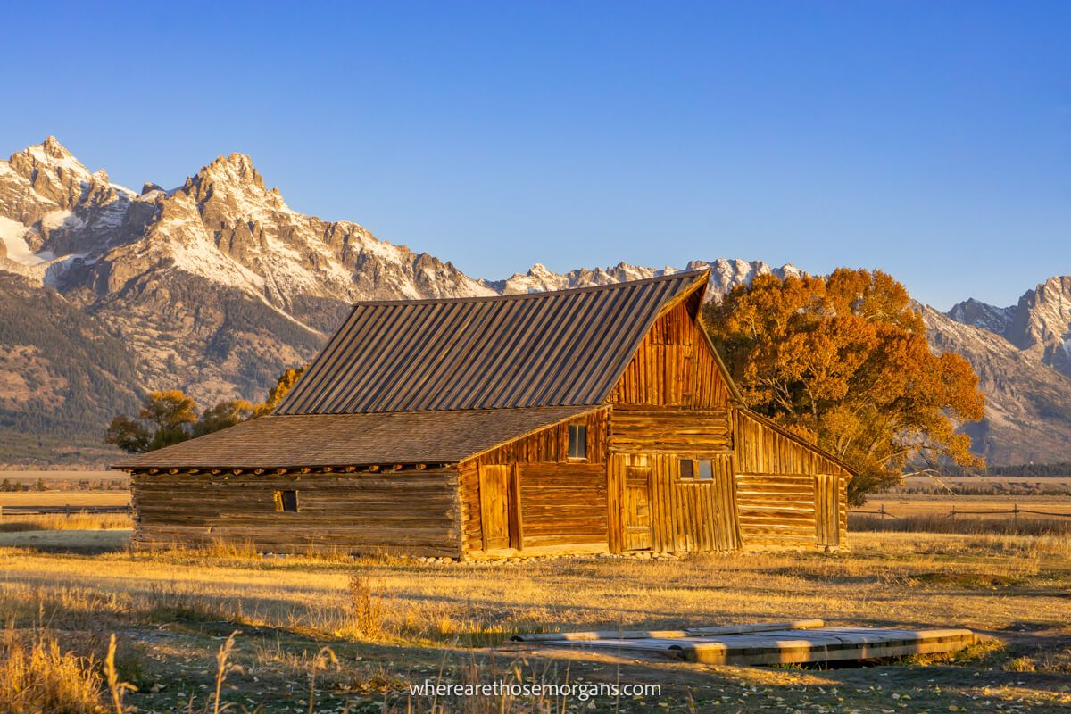 Sunrise at TA Moulton Barn on Mormon Row with mountains in the background in Grand Teton national park