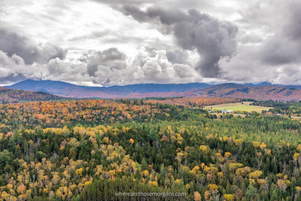 Far reaching view over the Adirondack Mountains in fall on a cloudy day