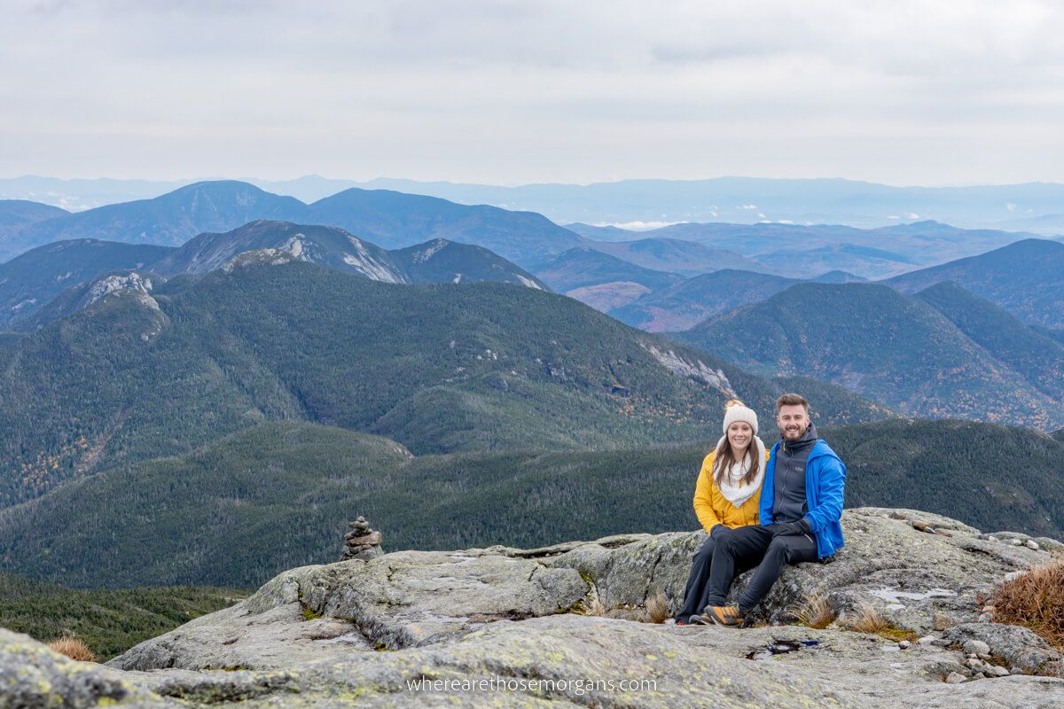 Mark and Kristen Morgan from Where Are Those Morgans at the summit of Mount Marcy hike in Lake Placid NY