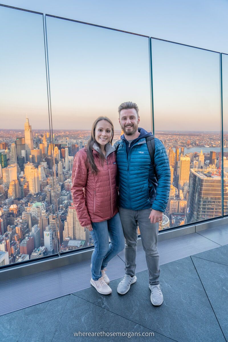 Mark and Kristen Morgan from Where Are Those Morgans at the summit of Edge NYC during sunset