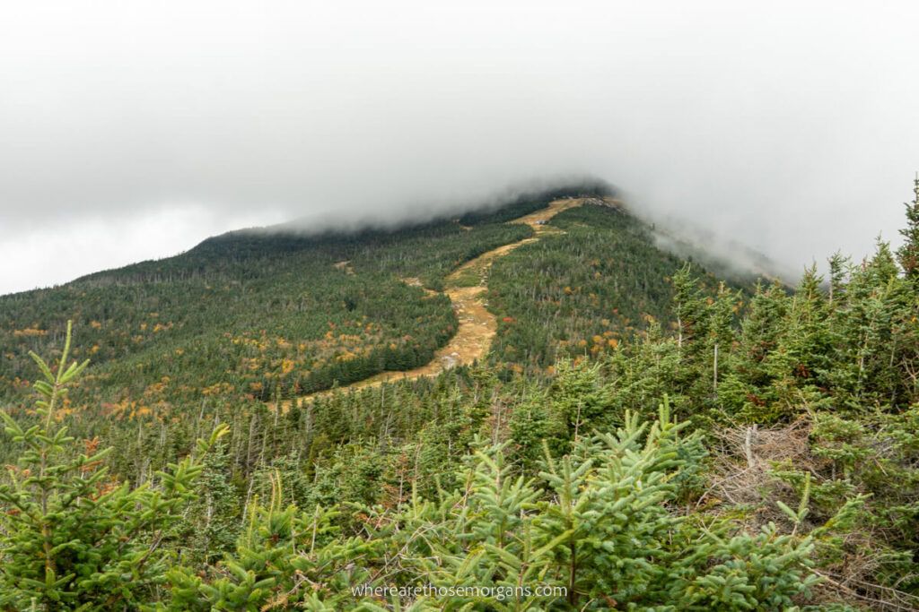 Whiteface Mountain summit covered in dense grey clouds