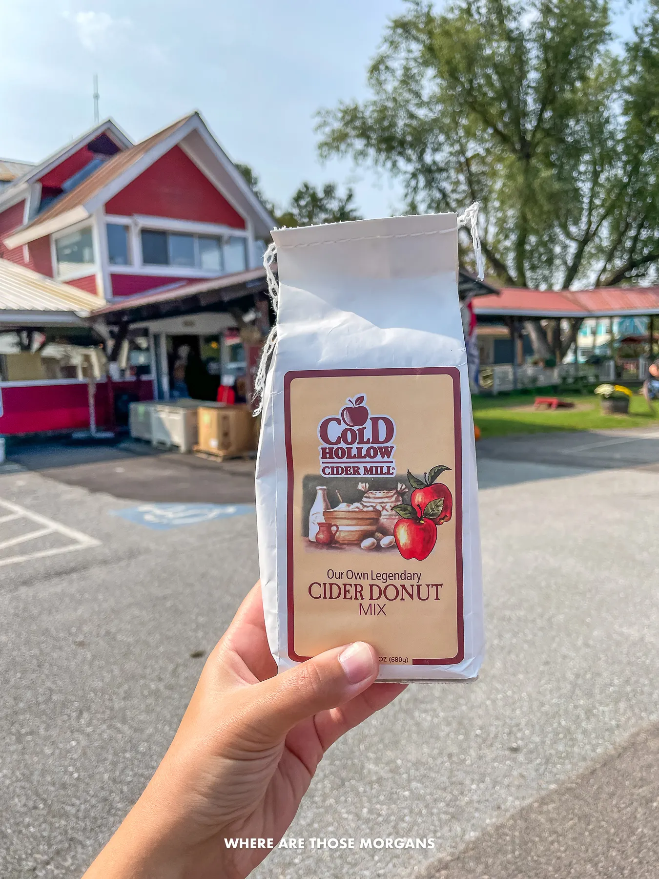 Photo of a hand holding a bag of Cold Hollow Cider Donut mixture in the parking lot of the factory in Vermont