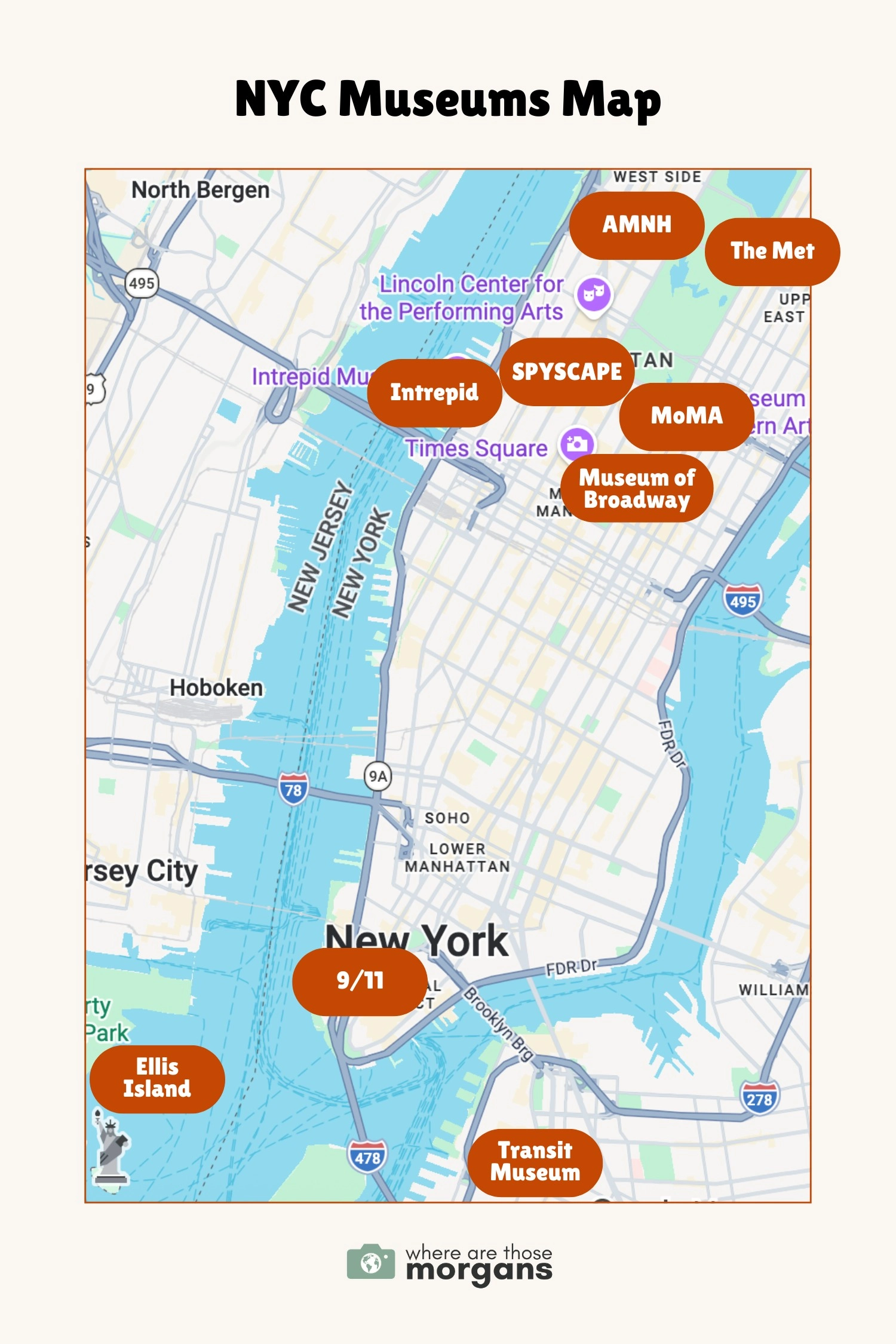 Infographic map created by Where Are Those Morgans showing the locations of New York City's top museums across Manhattan and Brooklyn