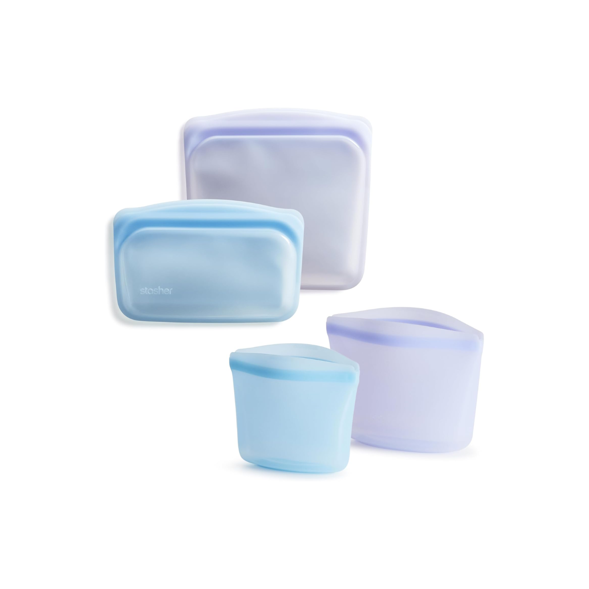 stasher food storage Two blue and two purple reusable stasher silicone bags