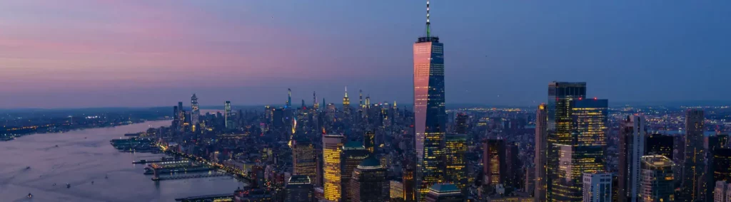 Sunset views over Lower Manhattan from a chopper in nyc