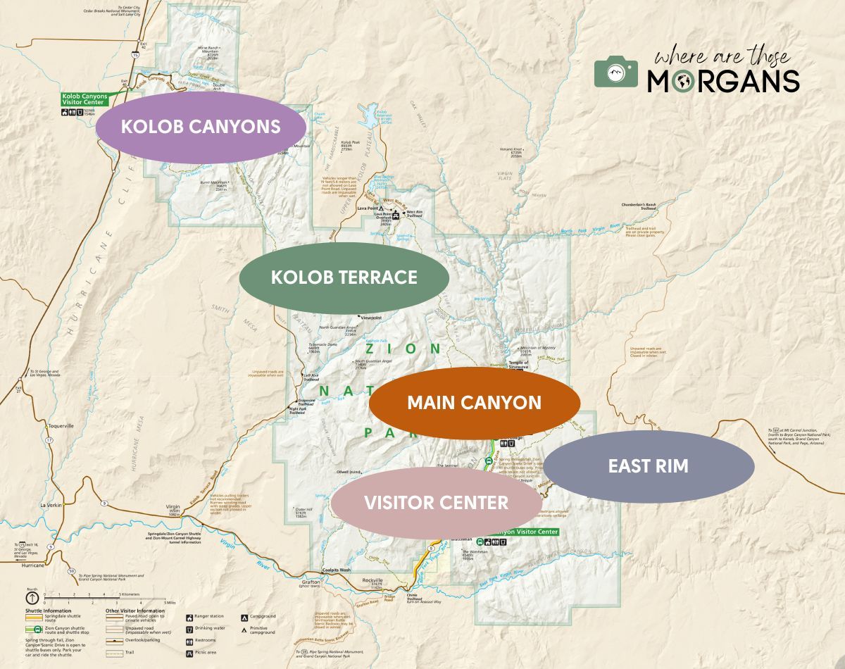 Map showing the 5 different hiking regions in Zion National Park
