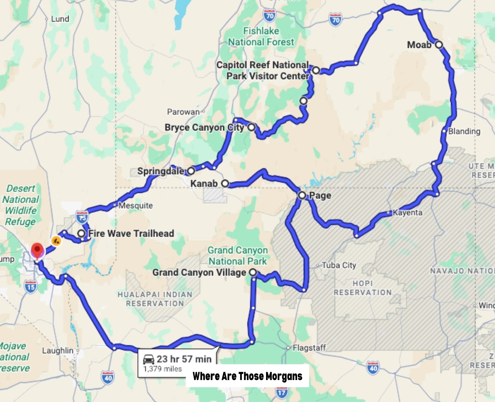 Google Maps screenshot of a route map for a American Southwest Grand Circle road trip