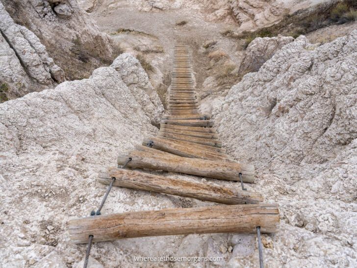 Photo of a steel wire ladder with large wooden rungs hanging down a tall rock formation on the Notch Trail in Badlands National Park