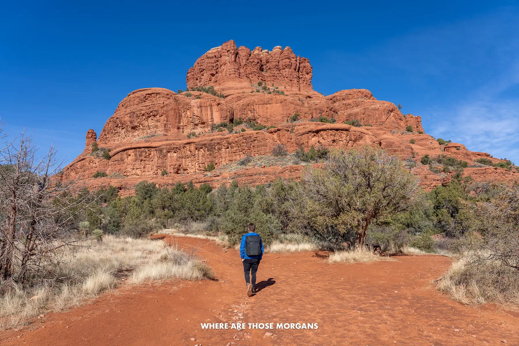 Mark from Where Are Those Morgans hiking a dusty red path through vegetation to a bell shaped rock formation under a blue sky in Sedona