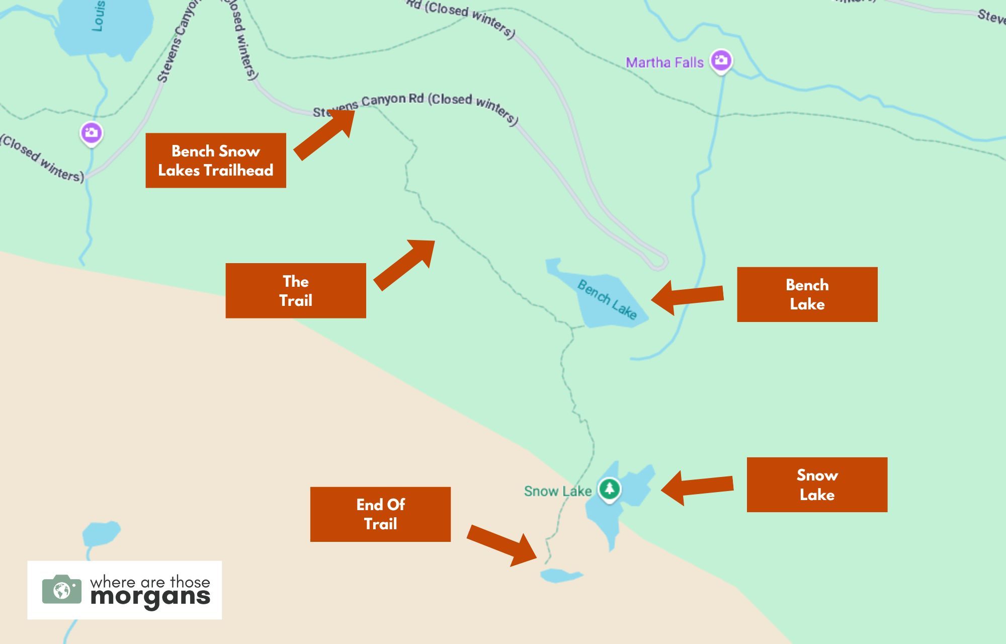 Hiking route map for Bench and Snow Lakes Trail in Mt Rainier created by Where Are Those Morgans