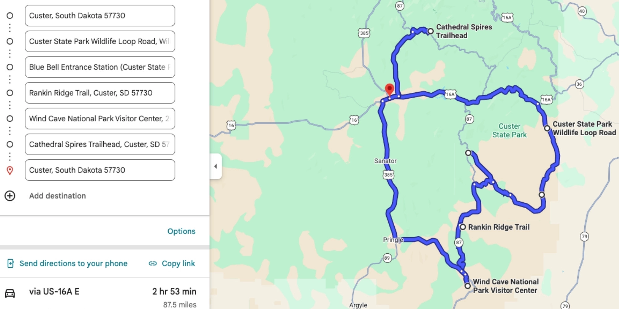 Map showing a driving loop route through the Black Hills from Custer to Custer with stops in between in South Dakota