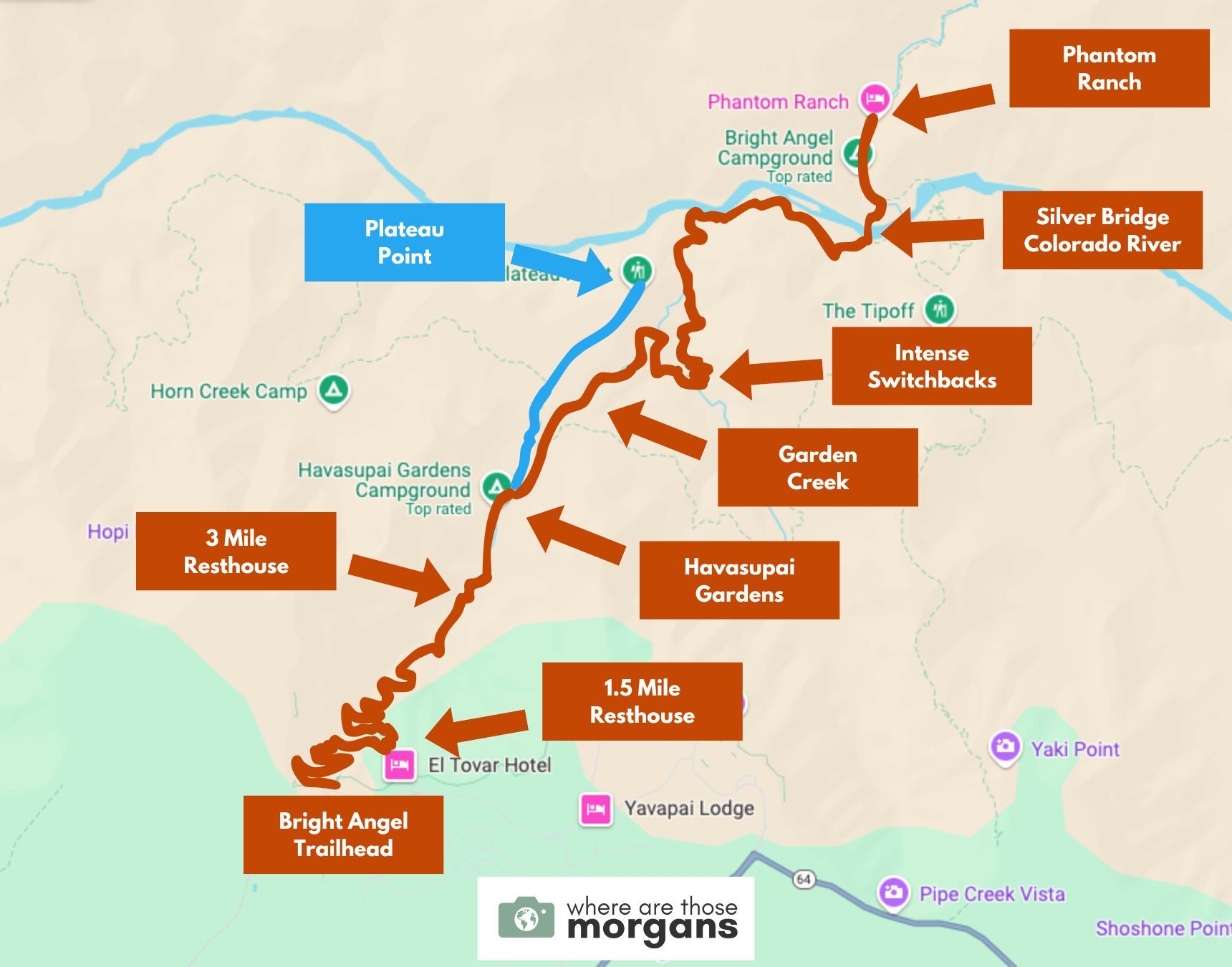 Hiking route map for Bright Angel Trail in Grand Canyon created by Where Are Those Morgans