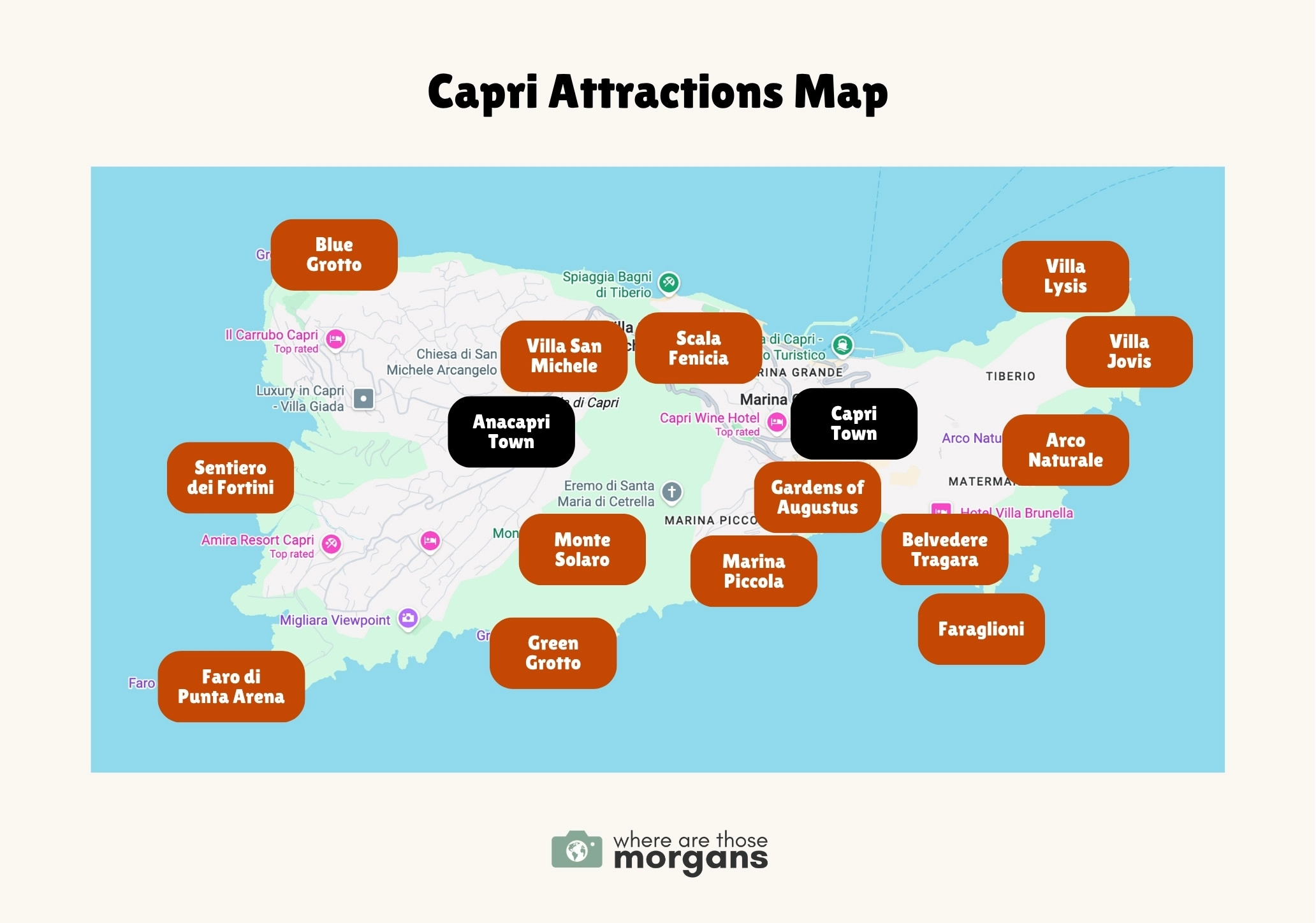 Map of Capri with annotations showing the locations of top attractions across the island, created by Where Are Those Morgans