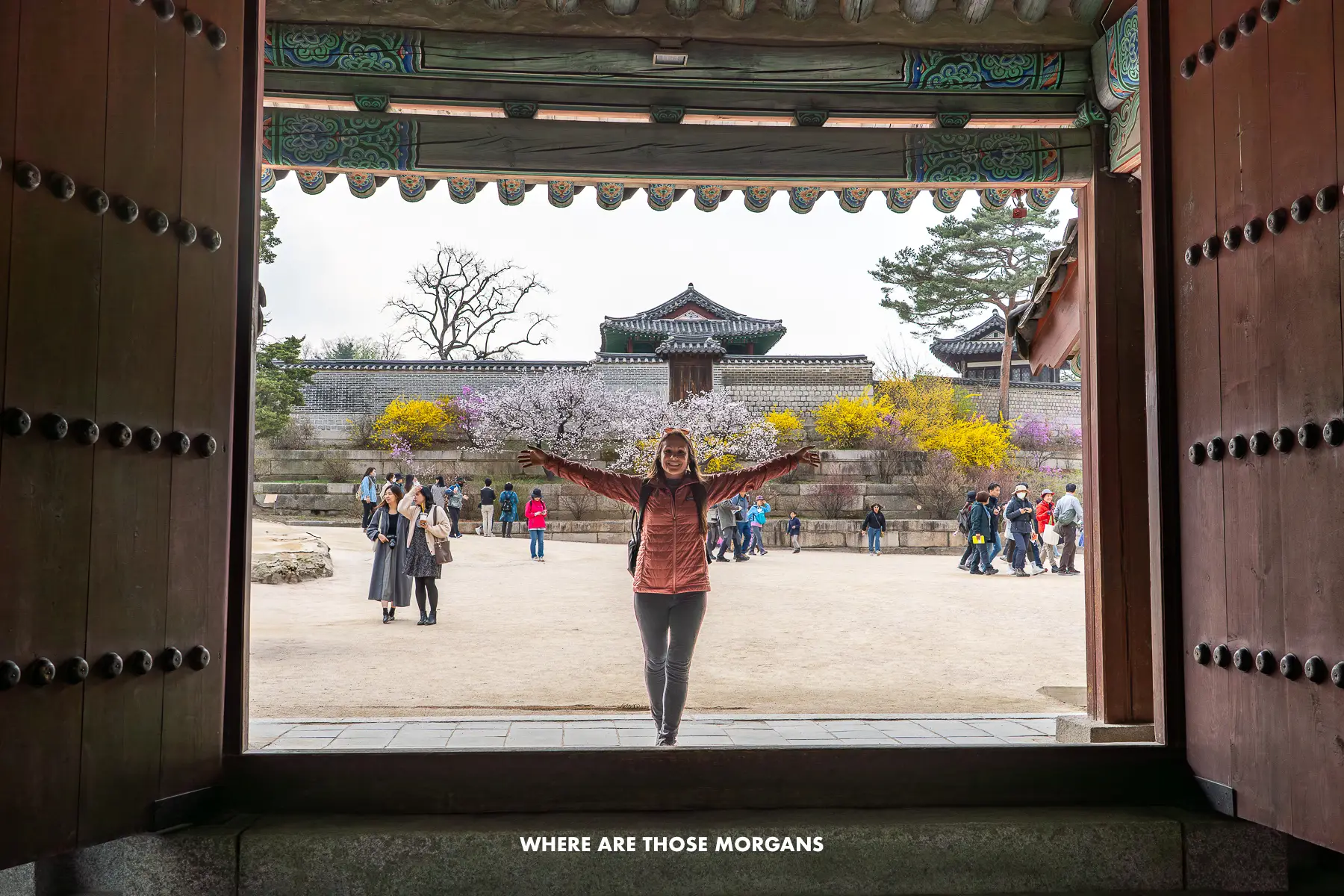 Kristen from Where Are Those Morgans standing in a doorway inside Changgyeonggung Palace in Seoul