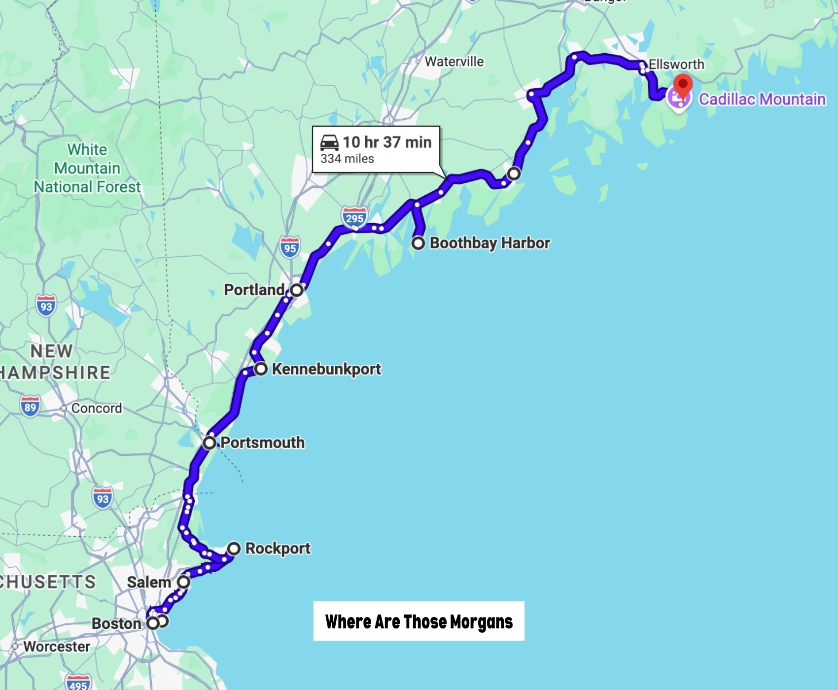 Google Maps screenshot of a route map for a Coastal New England road trip