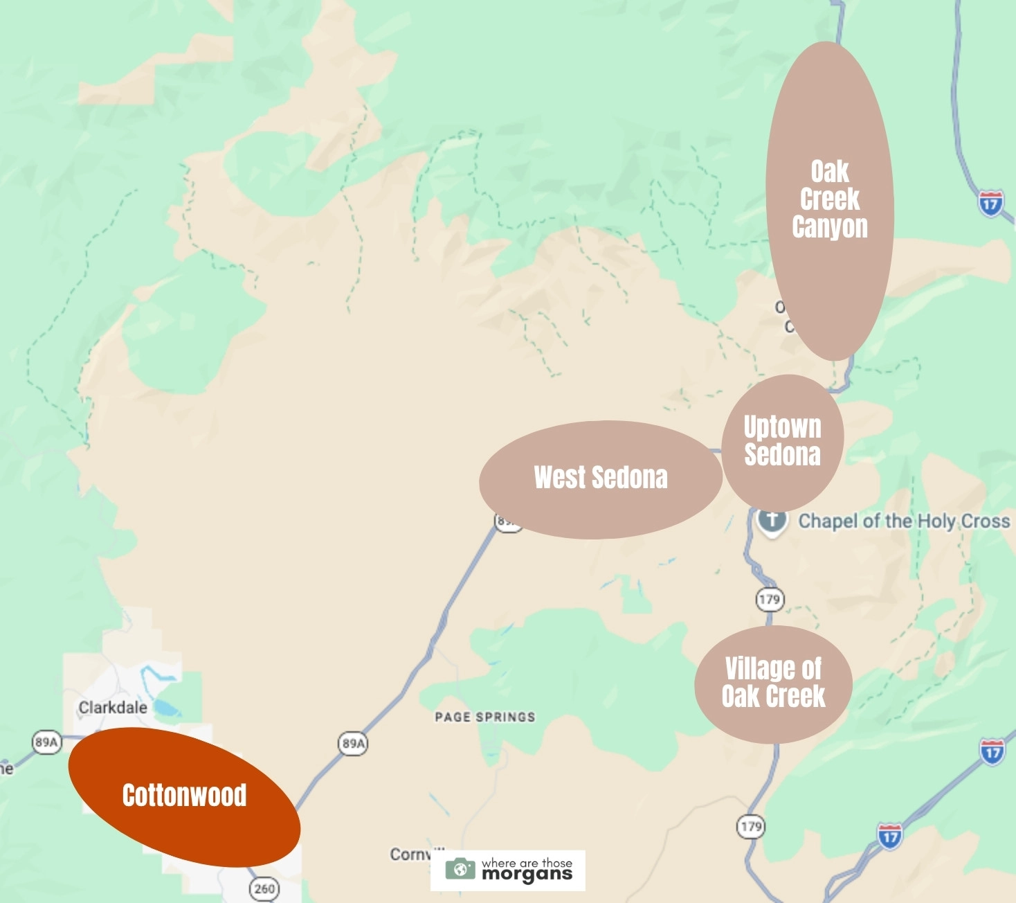 Map showing the location of Sedona's Cottonwood neighborhood compared to other areas first timers typically stay nearby