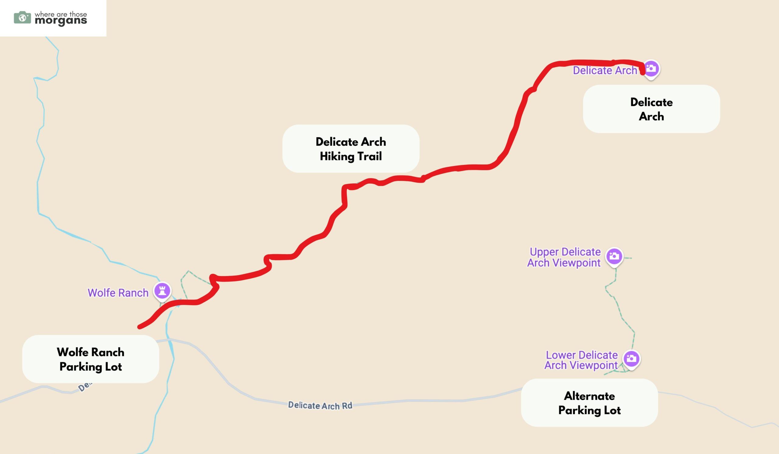 Photo of a trail map for Delicate Arch in Arches National Park with trailhead locations and route drawn