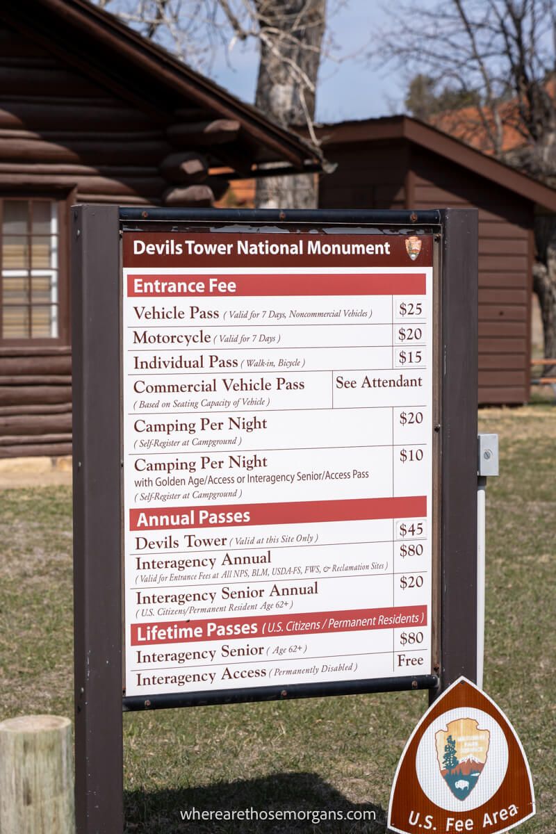 Photo of a board showing entry fees into a national monument in Wyoming