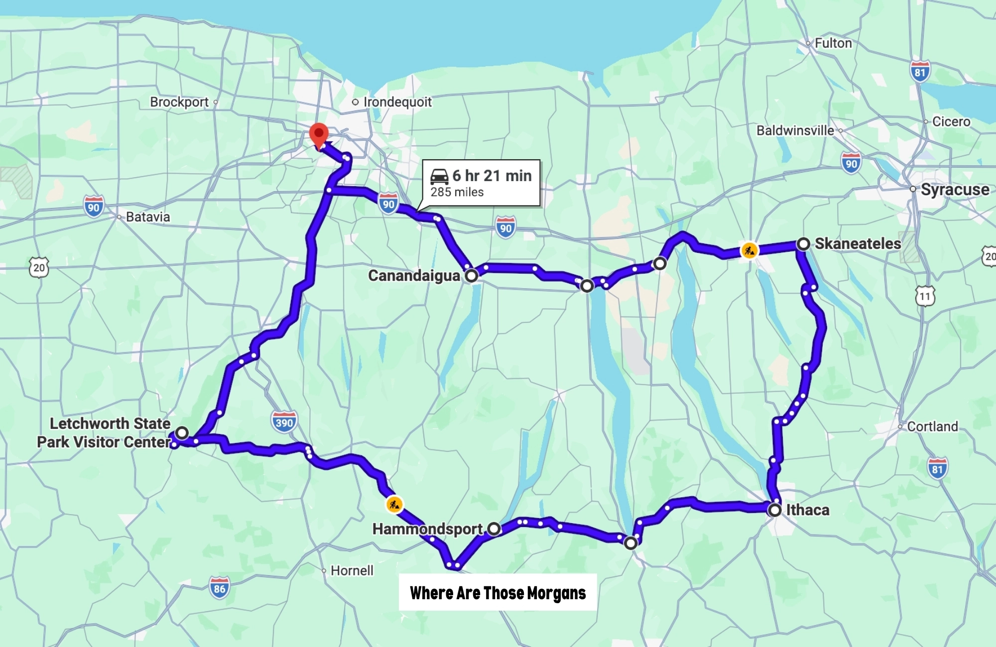 Google Maps screenshot of a route map for a Finger Lakes road trip
