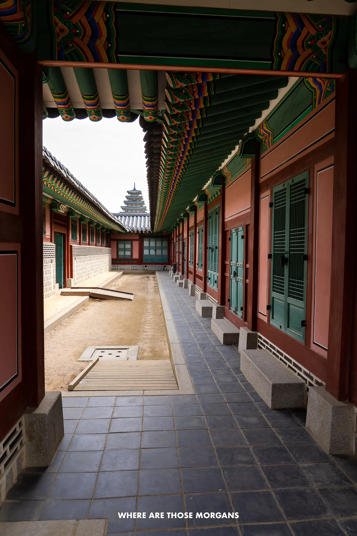 Korean architecture on display in an empty courtyard in Gyeongbokgung Palace