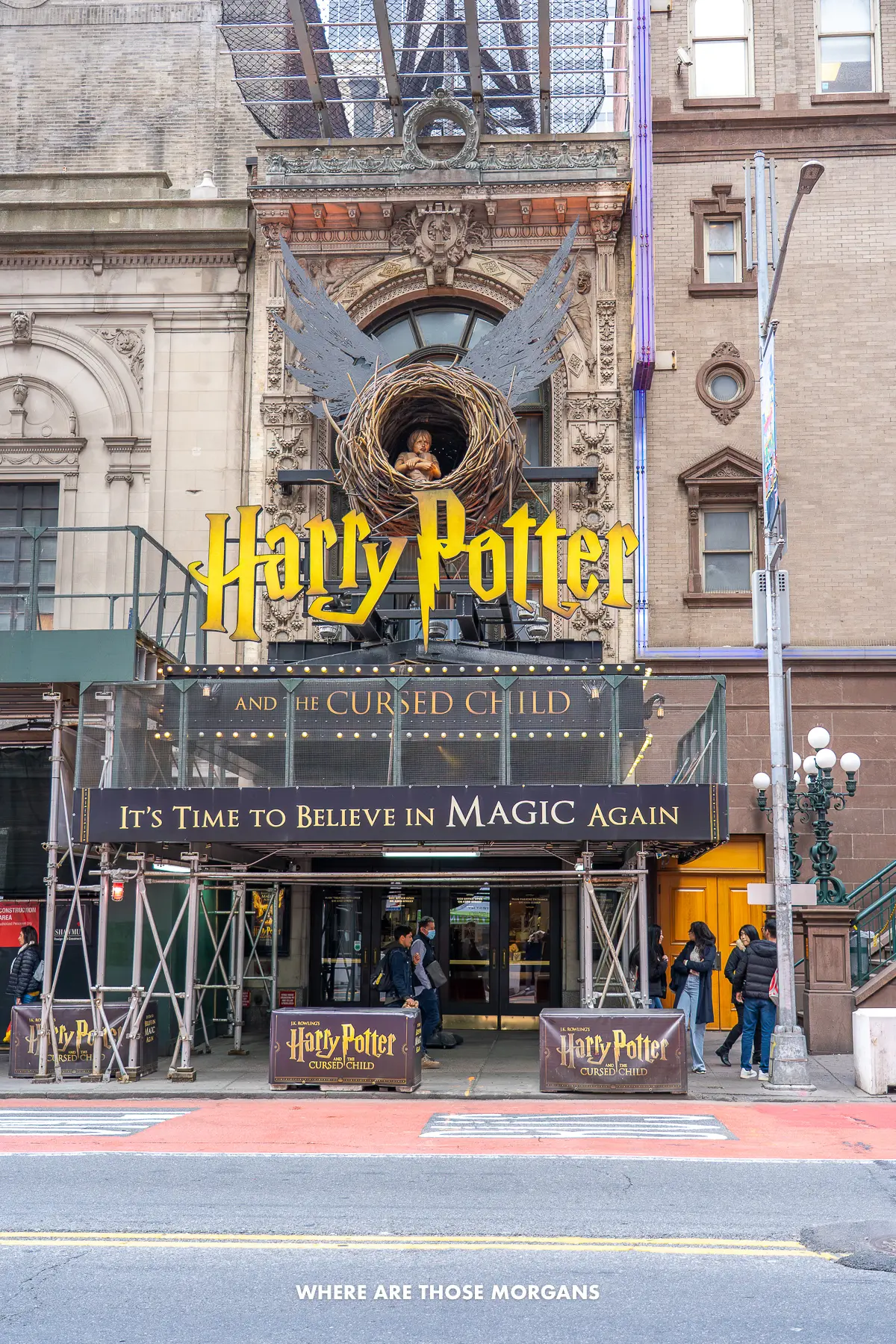 Exterior view of the entrance to a theater in New York showing the Harry Potter and the Cursed Child show