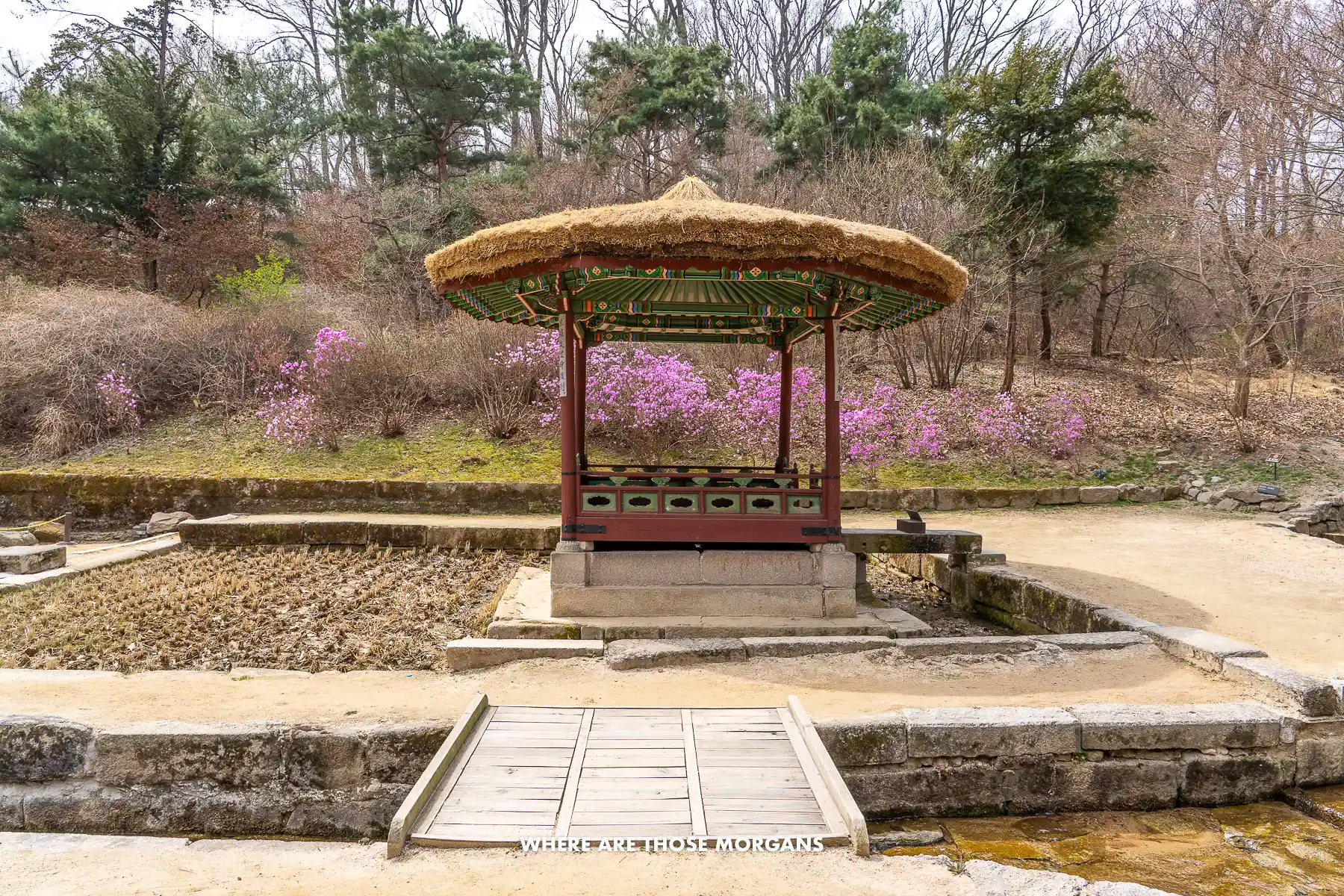 Small pagoda in a dry pond with surrounding walkways and gardens