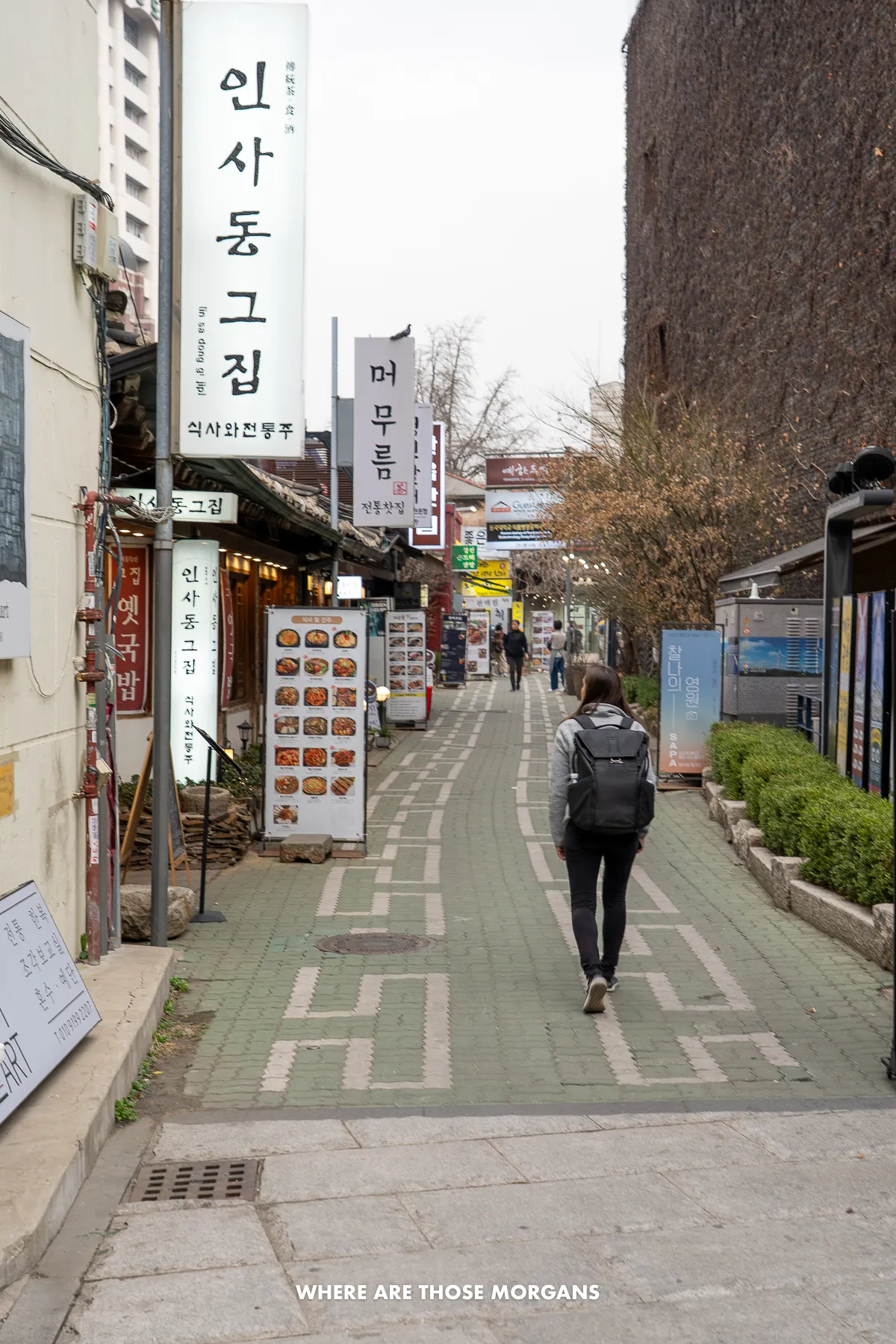 Kristen walking down a narrow street with tea houses and eateries in Insadong Seoul