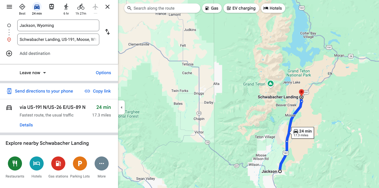 Screenshot of a Google Map showing driving directions from Jackson Wyoming to Schwabacher Landing in Grand Teton