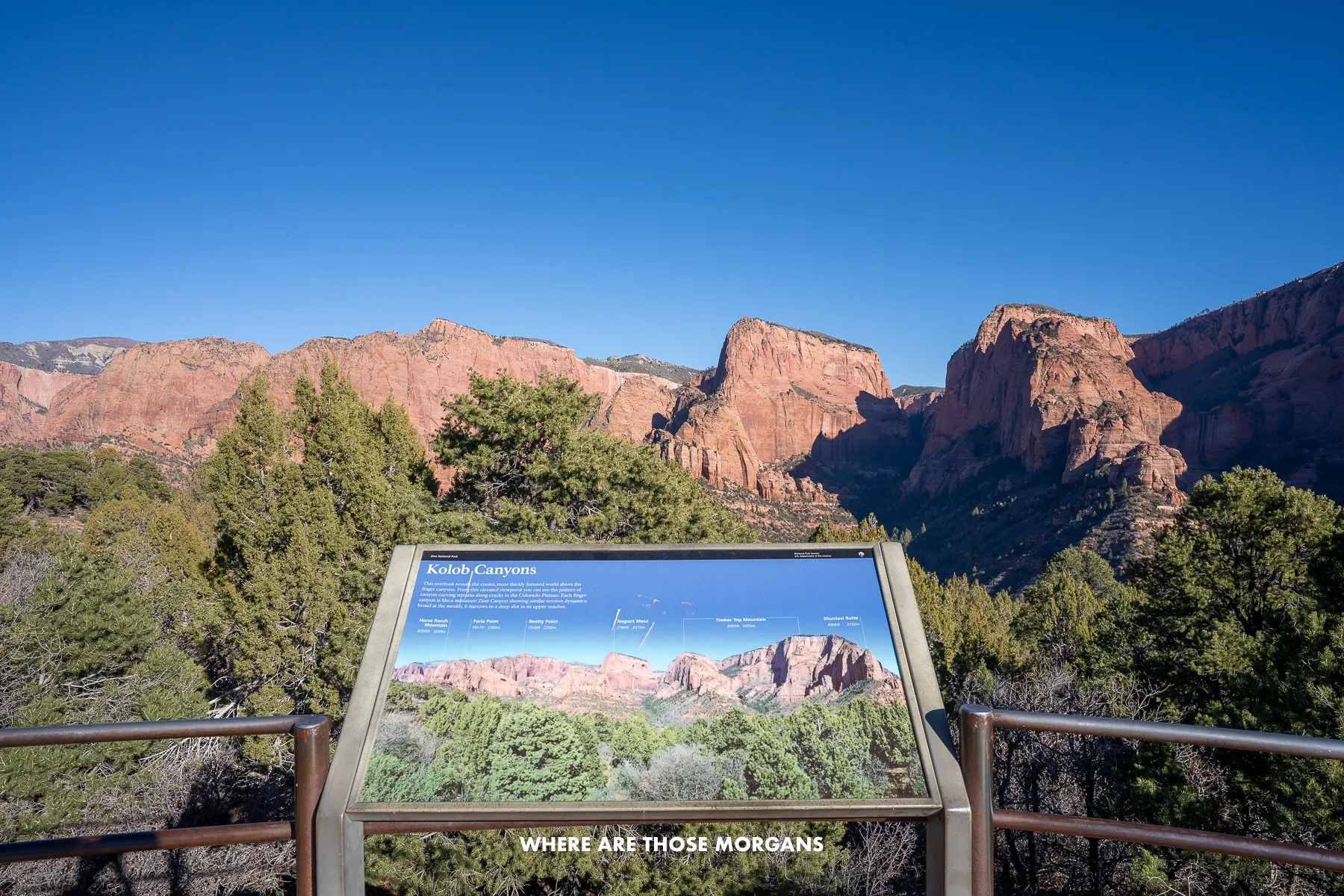 Photo of an information board showing the tall red rock cliffs behind