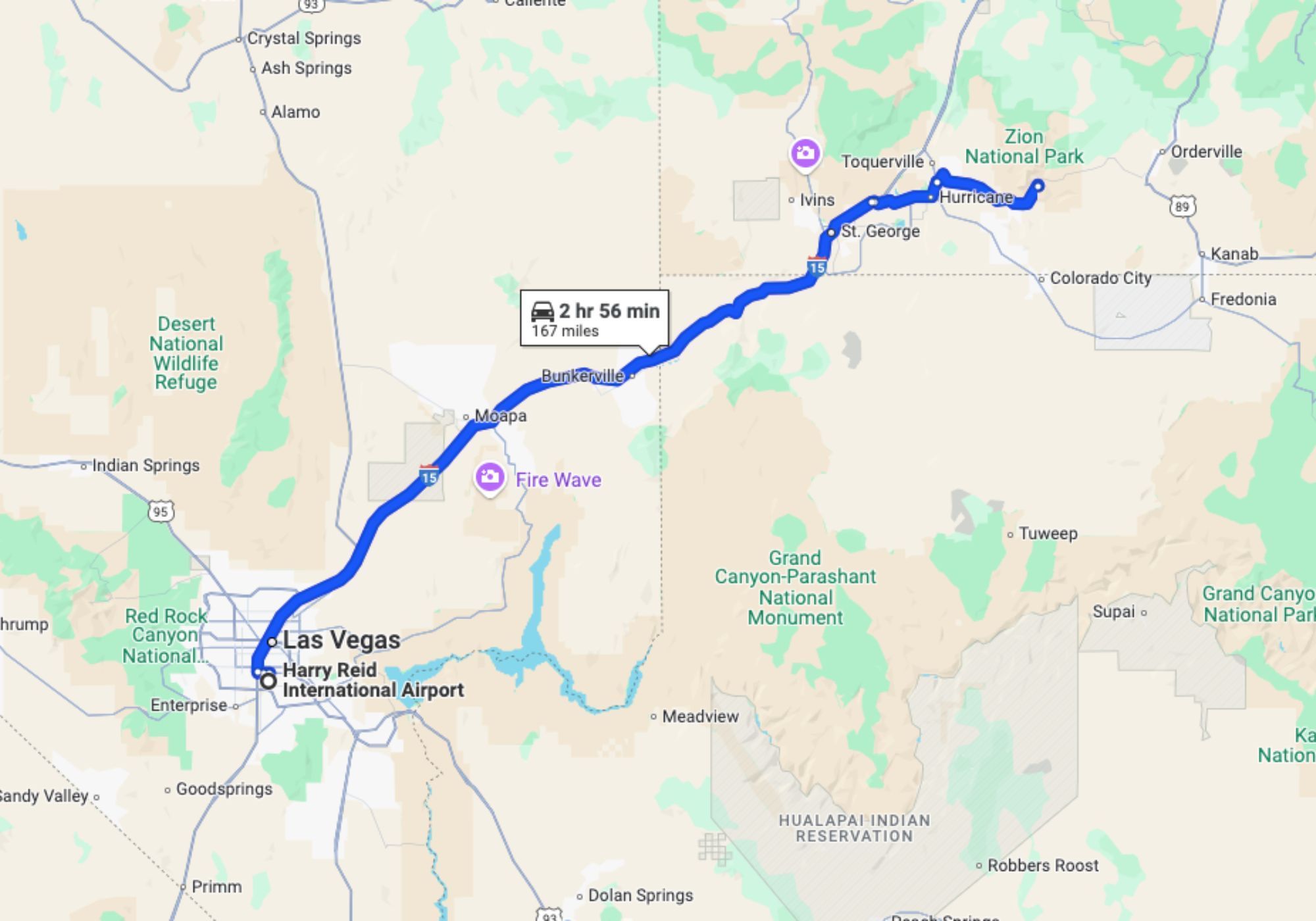 Screenshot of a Google Maps route from Las Vegas airport to Zion
