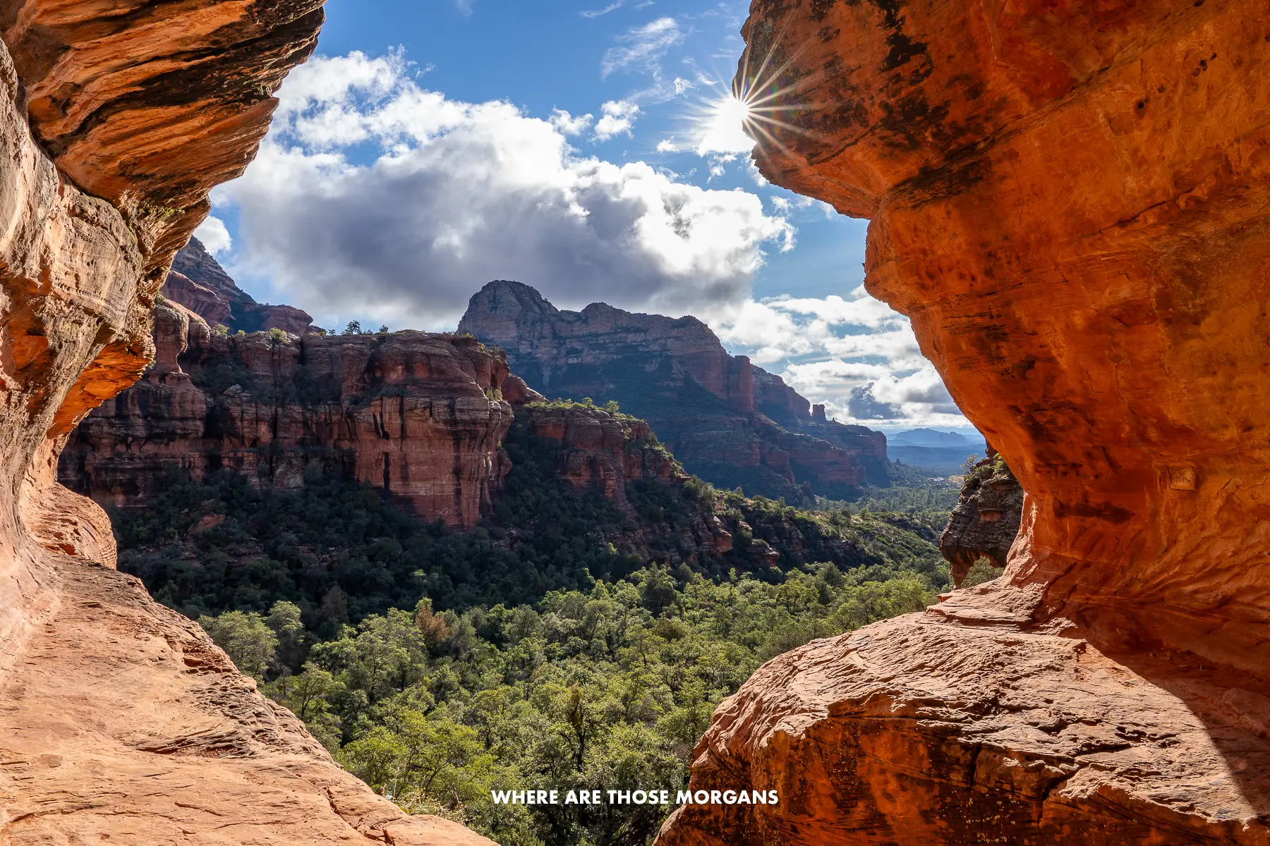 Looking out at the views from the entrance of Subway Cave in Sedona