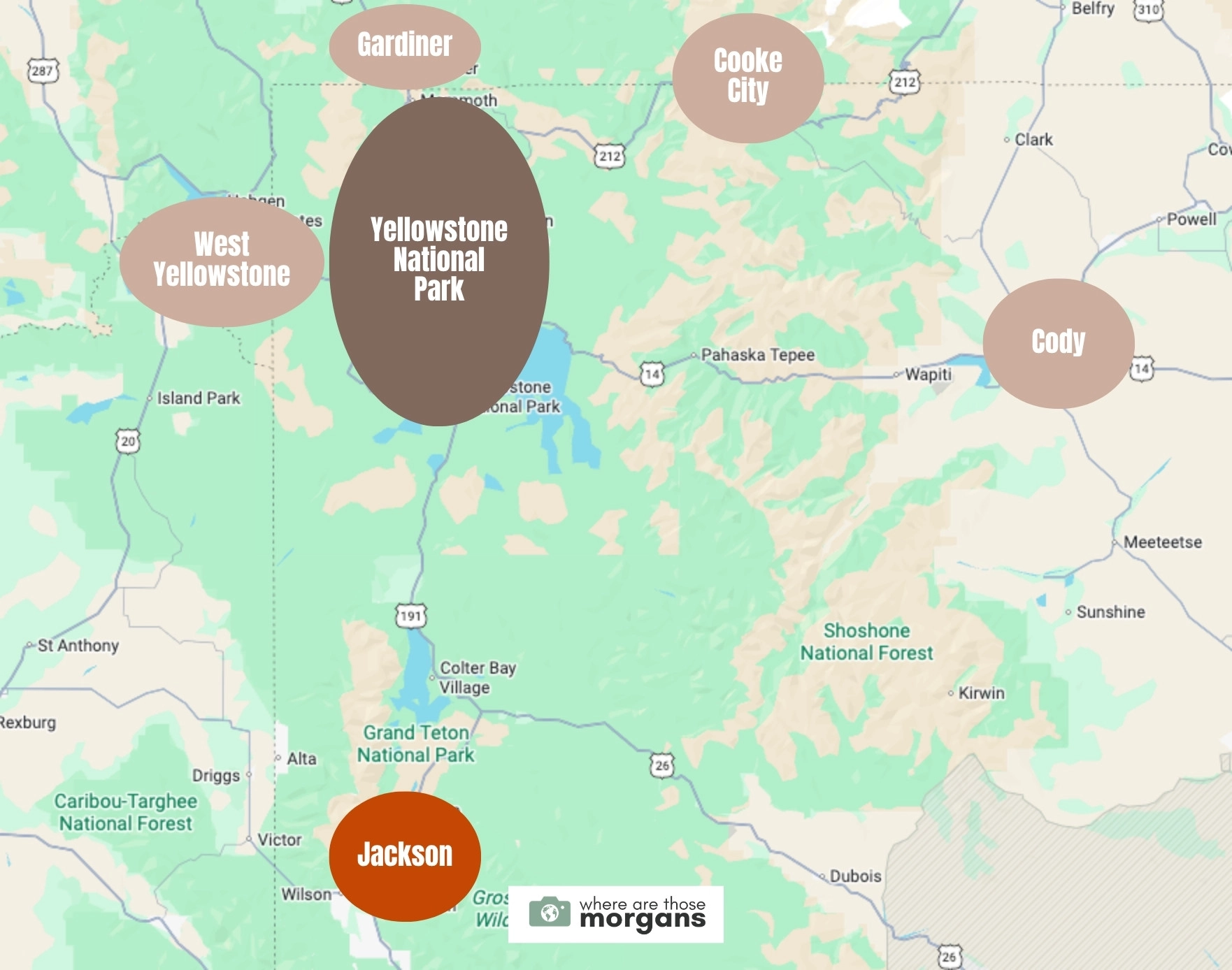Map showing the location of Jackson compared to other Yellowstone gateway towns