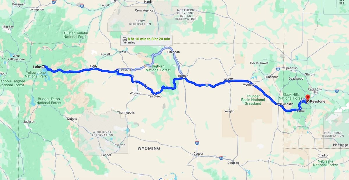 Screenshot photo from Google Maps showing the most scenic route to drive from Mount Rushmore to Yellowstone