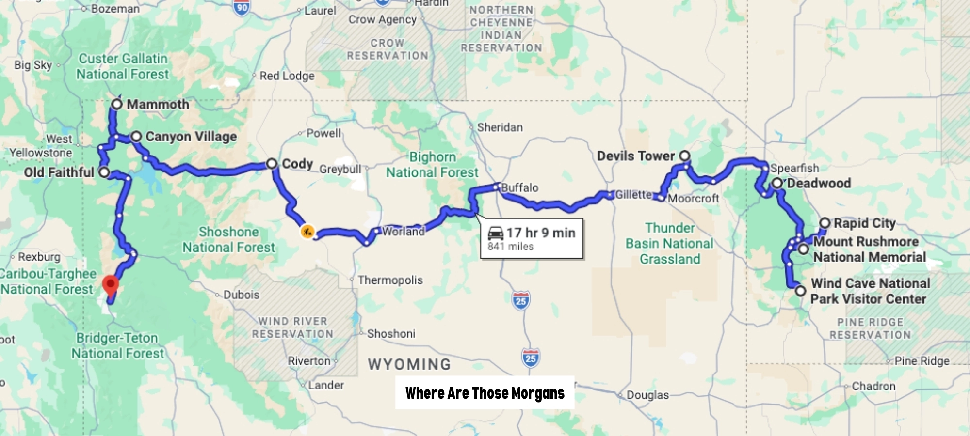 Google Maps screenshot of a route map for a Mount Rushmore to Yellowstone road trip