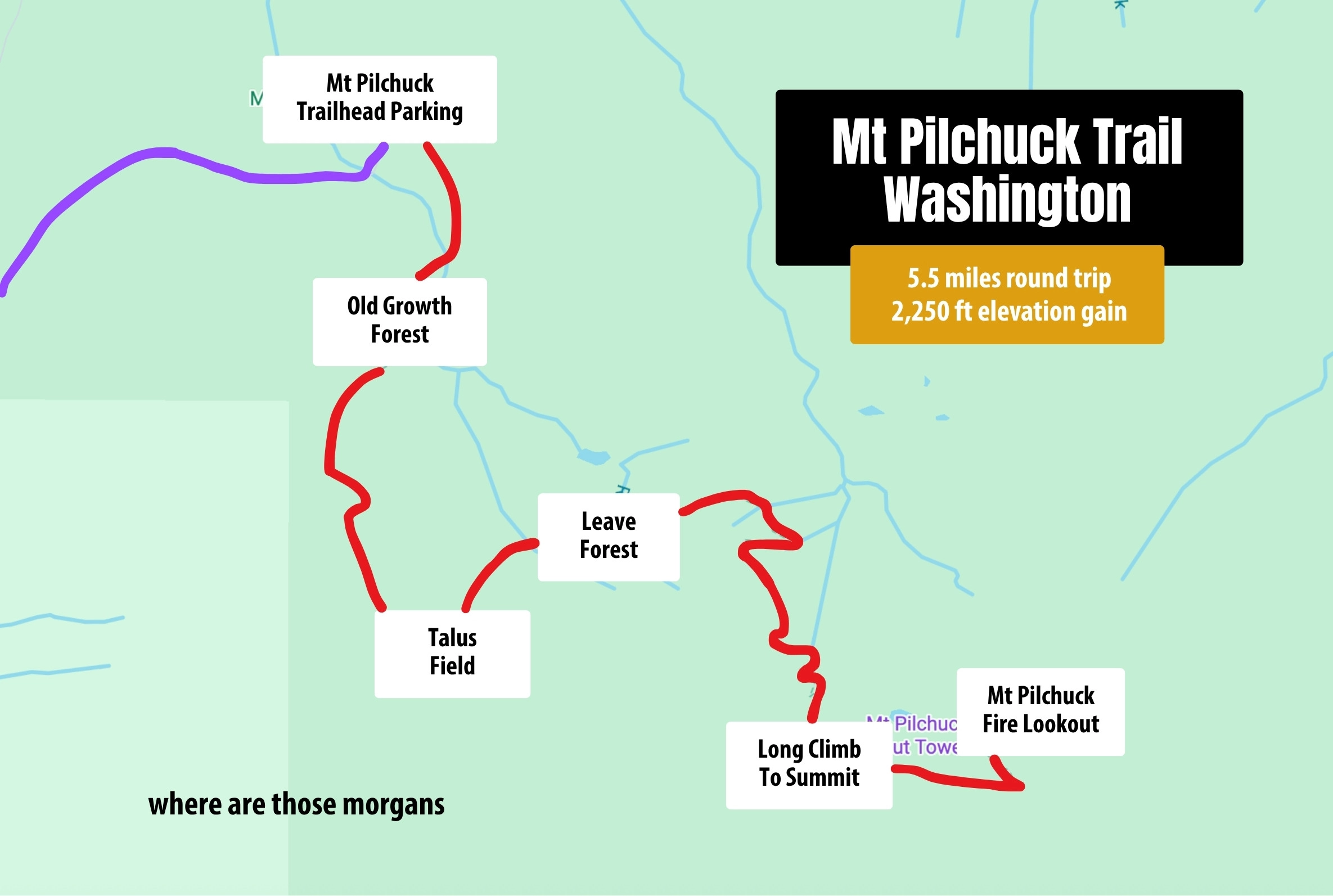 Screenshot of a map showing the Mt Pilchuck hiking trail with annotations and boxes with text to show directions from trailhead to the fire lookout summit, created by Where Are Those Morgans